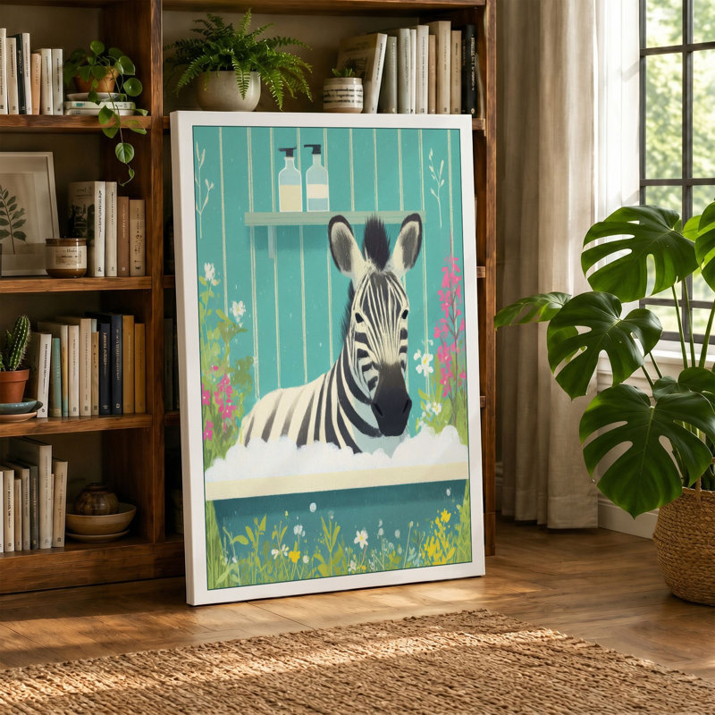 Zebra In The Tub Illustrative - Print, 24x16 - 61.0 x 40.6 cm, Sage Border