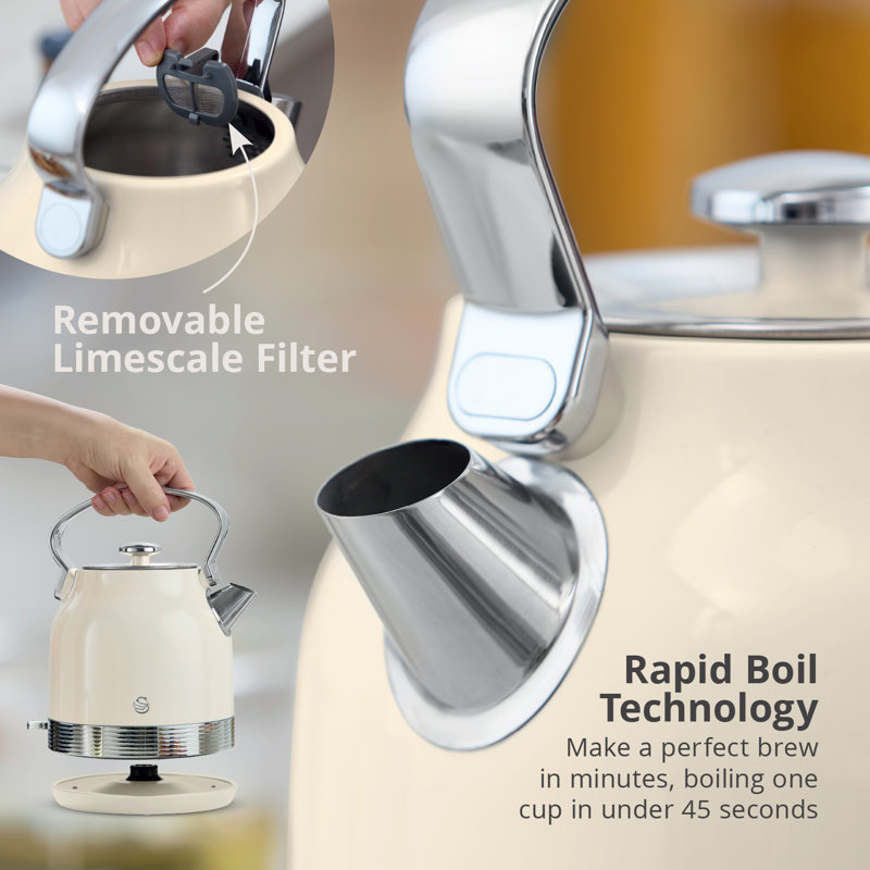 Swan Retro Kitchen Set, 1.7L Rapid Boil Traditional Kettle and 4 Slice Toaster, Non-Slip Feet, Cream