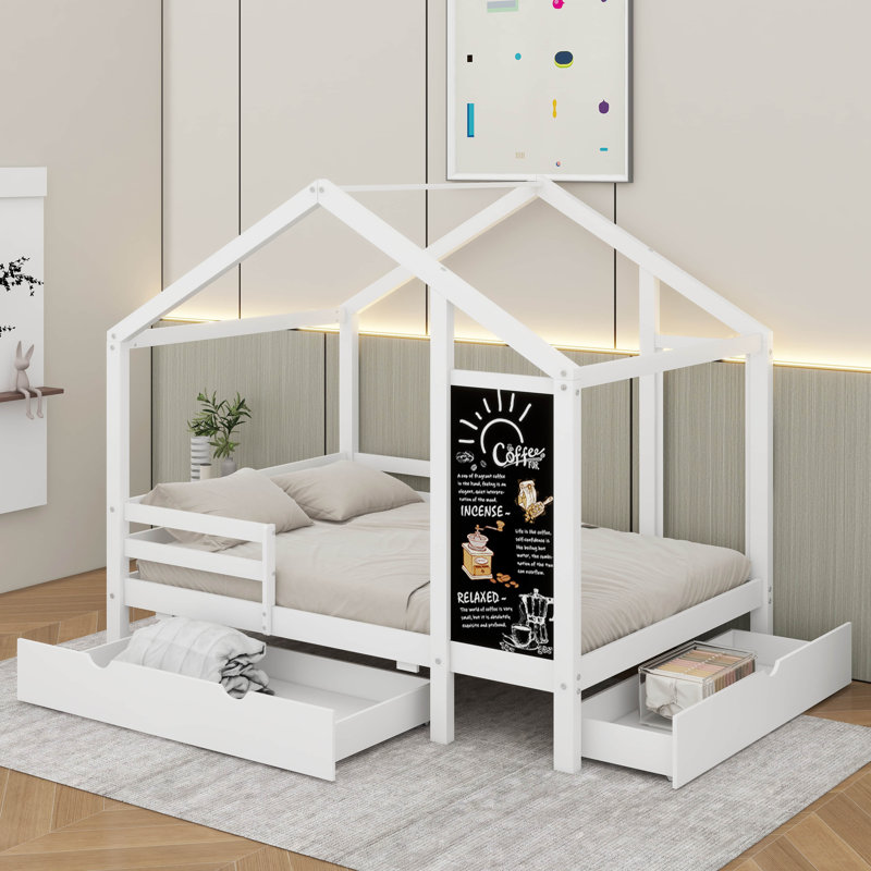 Lit double avec tableau noir et tiroirs, deux options d'assemblage