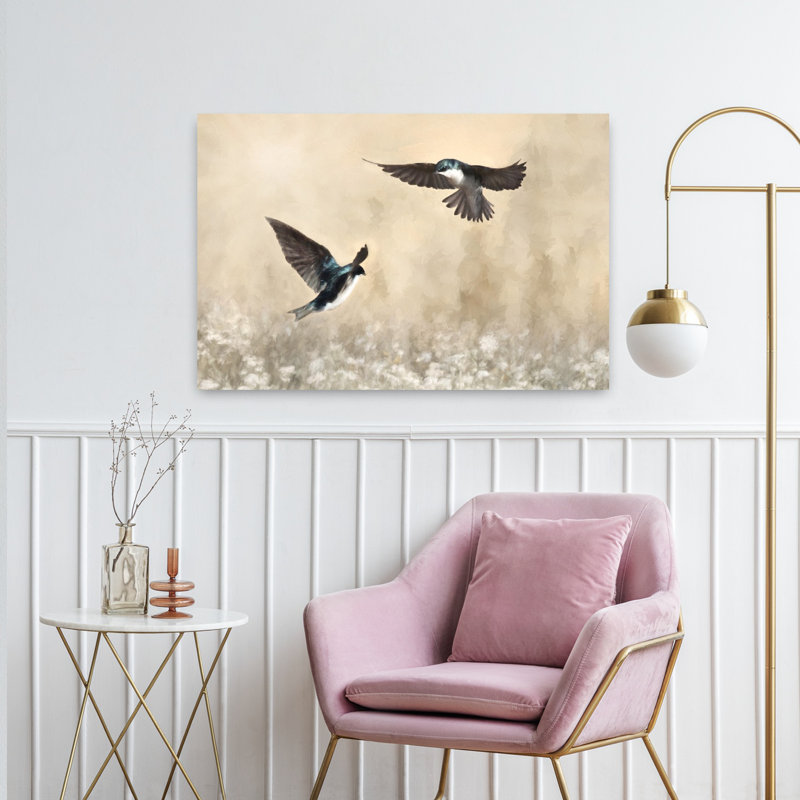 Danse des hirondelles, art d'oiseau contemporain, H 24 po x l 36 po