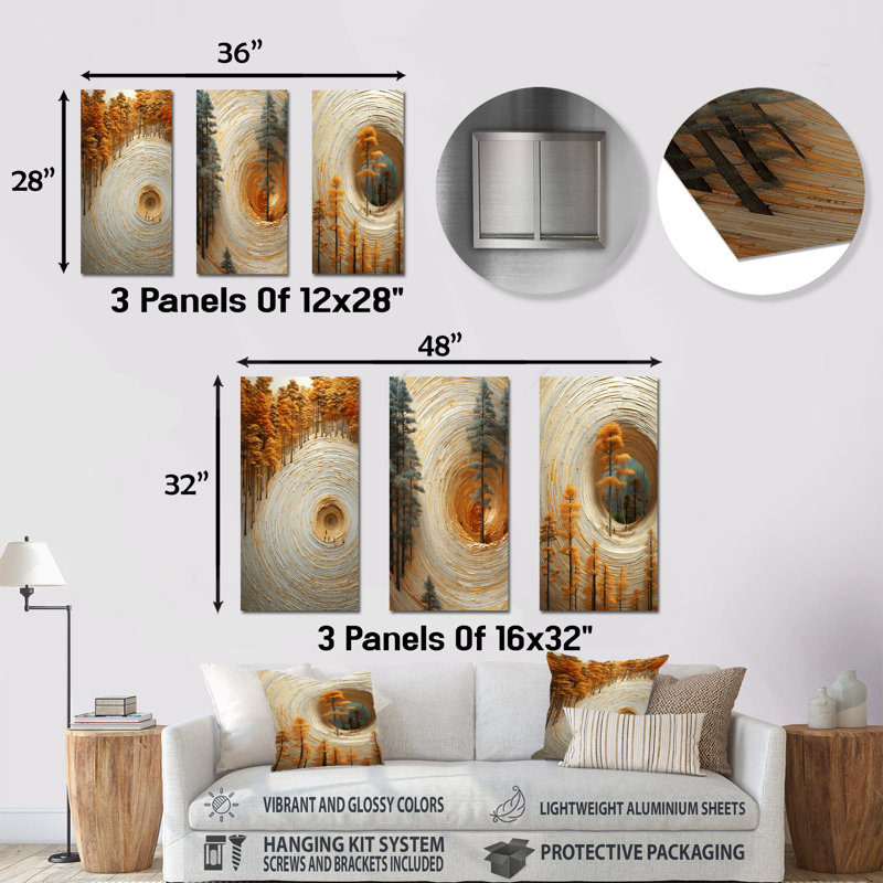 Abstract Pine Tree Spiral Serenity I - Abstract Botanicals Metal Art Print Set Of 3, 28" H x 36" W