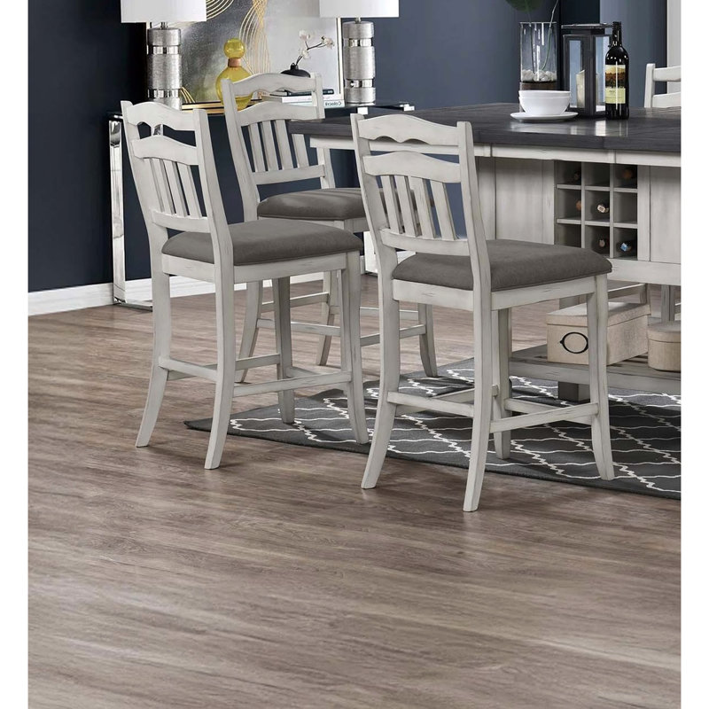 Chaises de salle à manger à hauteur de comptoir de style contemporain blanc antique avec dossier rembourré, siège en bois d'hévéa massif et placage moderne