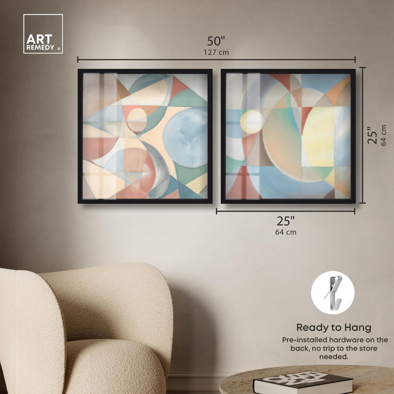 Pastel Geometric Harmony Shadowbox Print Livingroom Wall Art Set by Art Remedy, Black Frame, 12 x 12, 25" H x 25" W