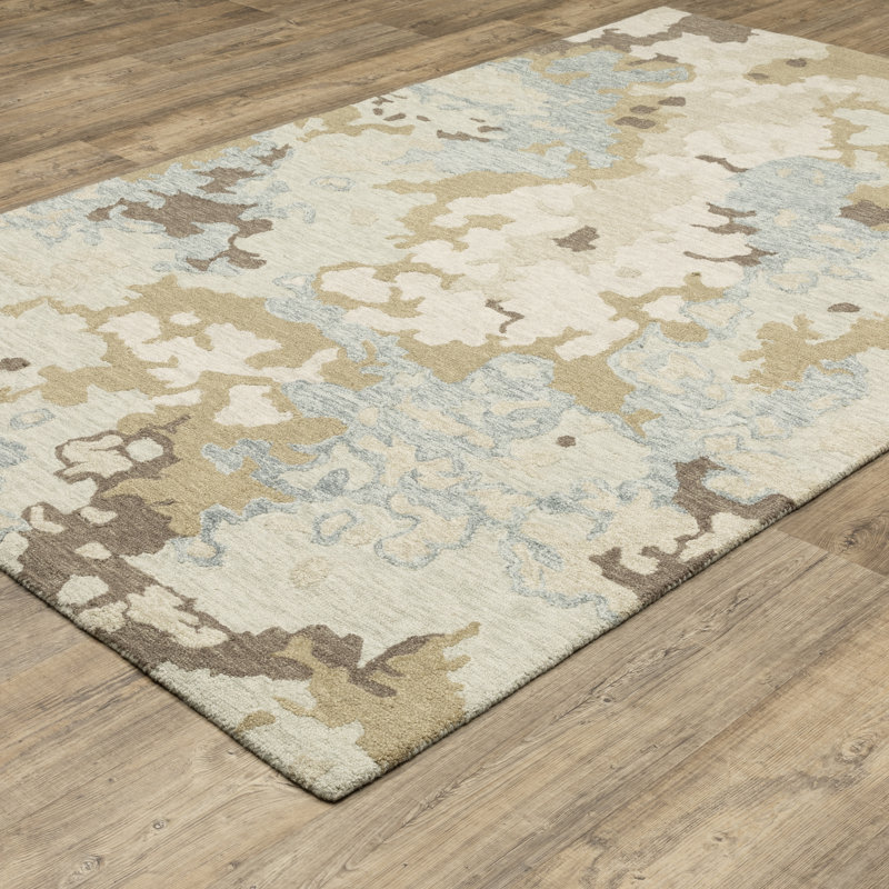 Renli Hand-made Wool Abstract Elements Beige/ Blue Area Rug, Rectangle 5' x 8'