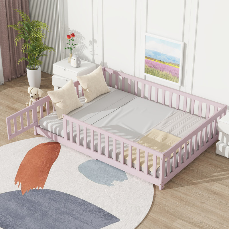 Ensemble de lit de sol moderne Twinkle avec porte, bois d'hévéa et garde-corps de sécurité, Double, Rose