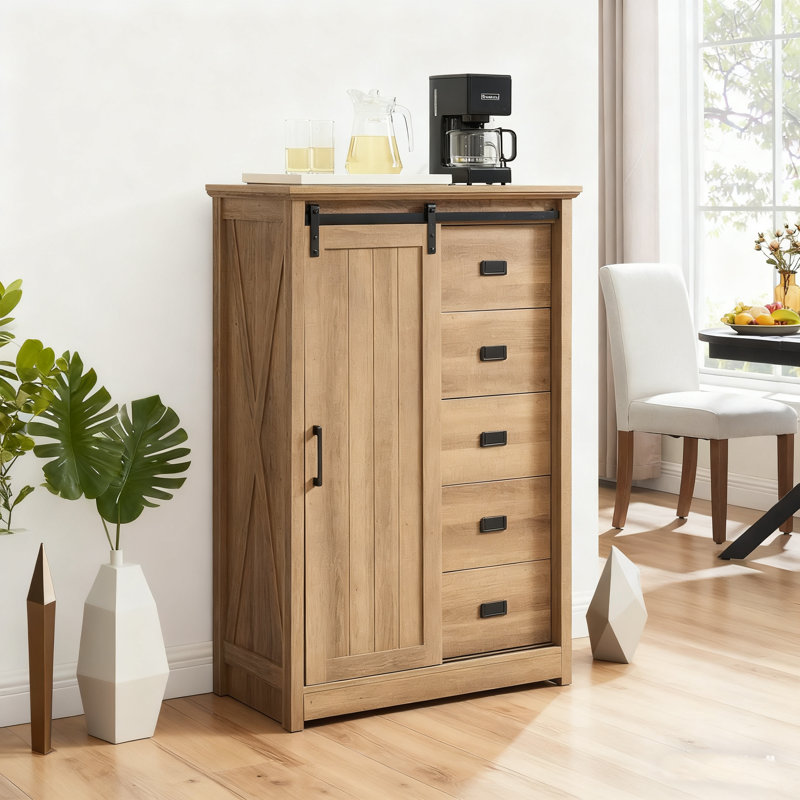 Commode 5 tiroirs avec porte de grange coulissante - Style maison de campagne - Salon / chambre d'enfant ， Chêne, Brun