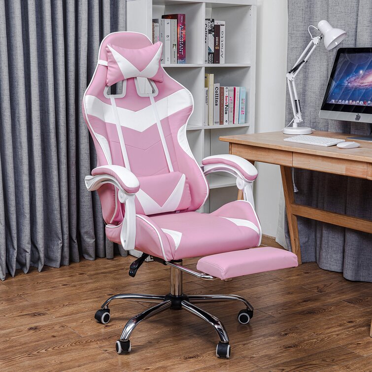 Inbox Zero Adjustable Reclining Ergonomic Faux Leather Swiveling PC &  Racing Game Chair with Footrest in Pink/White