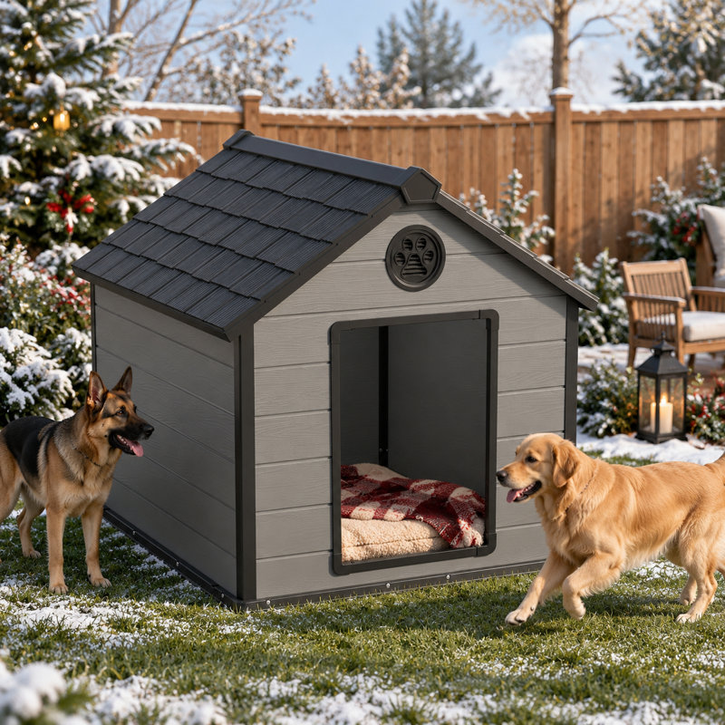 Grande niche pour chien d'extérieur 42,17 po avec plancher surélevé et résistant aux intempéries (noir et gris)
