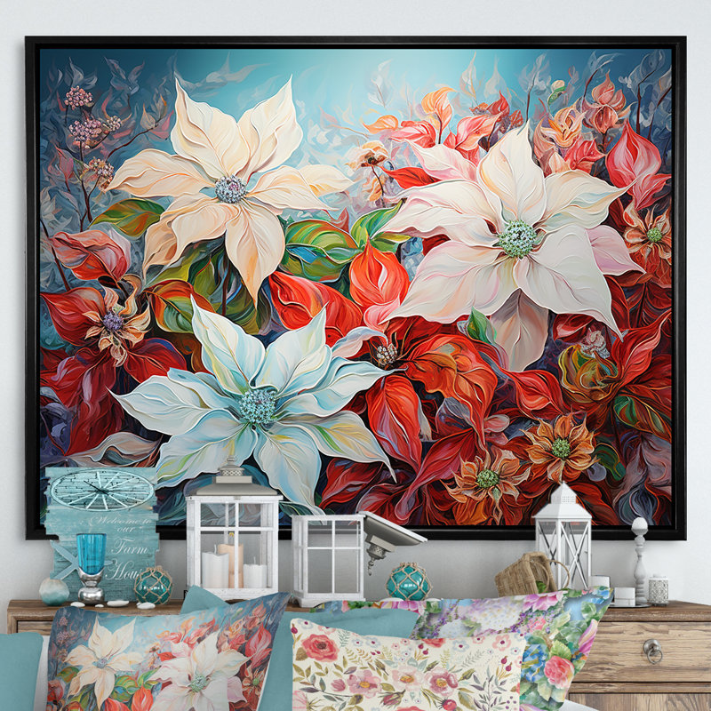 «Poinsettias White and Red Blossom - Flower Field», reproduction d'art sur toile, Cadre flottant noir