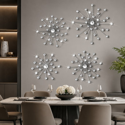 4 Pcs Starburst Wall Decor, Metal Starburst Wall Art Decor, Crystal Teardrop 3D Hanging