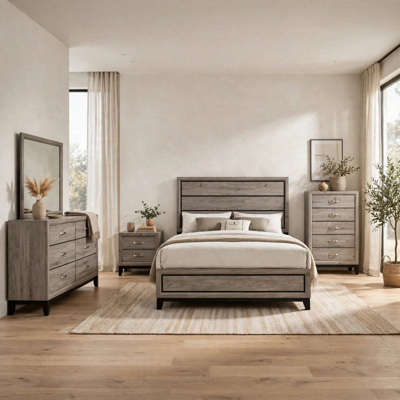 Kapa 4 Piece Bedroom Set, 4 Pcs: Bed, Nightstand, Dresser, Mirror, Queen