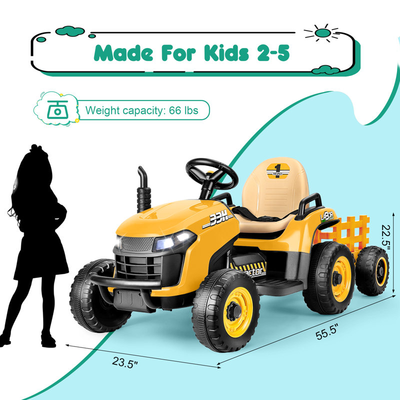Yellow 12V Ride-On Tractor with Trailer and LED Lights