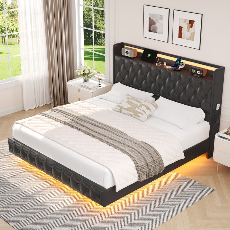 Upholstered Floating Bed With LED Lights, Charging Port, Black, Full / Double