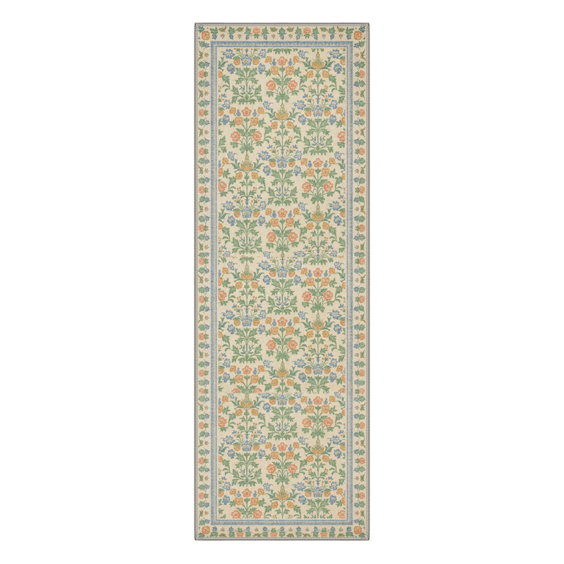 Aura Vine Floral Machine Washable Ivory Indoor Area Rug With Non-Slip Backing, Runner 2' x 7'