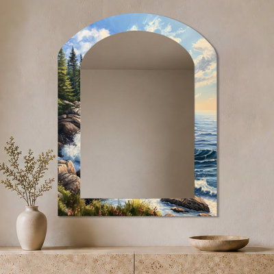Modern Large Decorative Wall Mirror – Coastal Serenity in Maine, Metal Print
