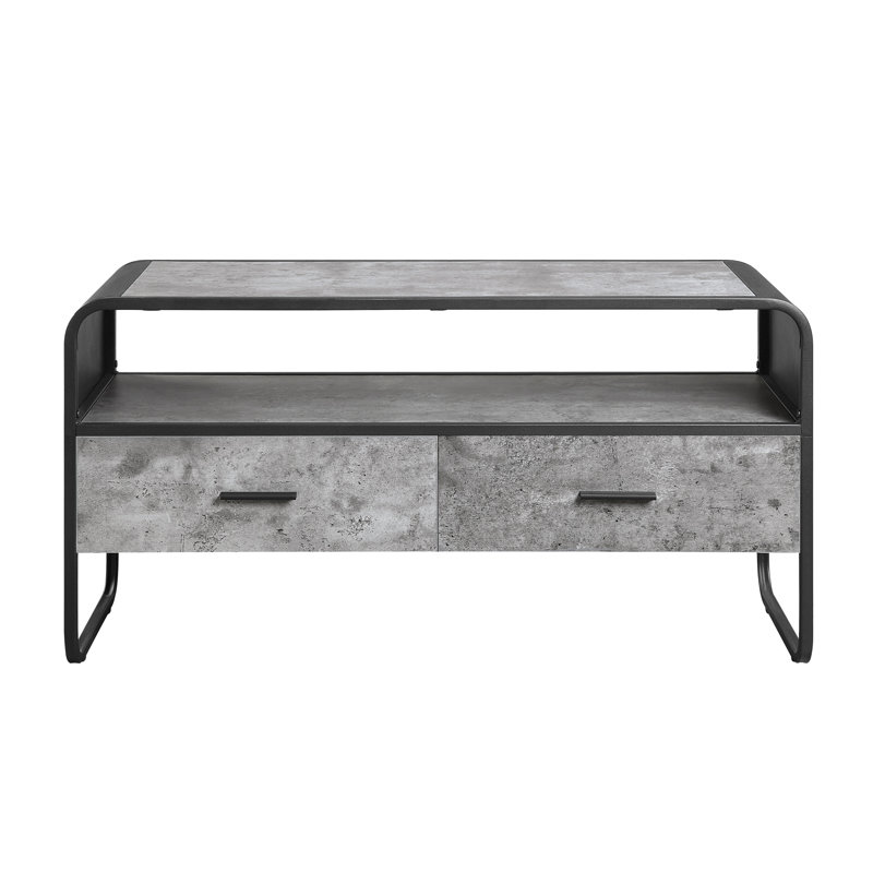 Meuble télé moderne noir et gris avec structure en métal, fabrication en bois, tiroirs et rangement ouvert pour le salon