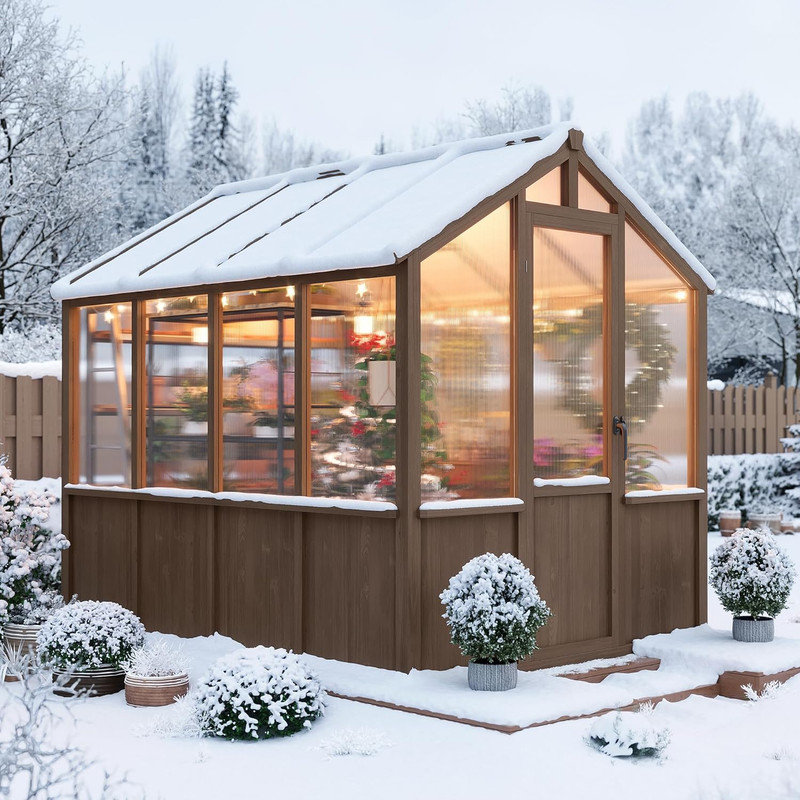 6x8 FT Large Wooden Greenhouse, Heavy Duty Spruce Frame with PC Panels, Adjustable Roof Vents & Lockable Door for Garden