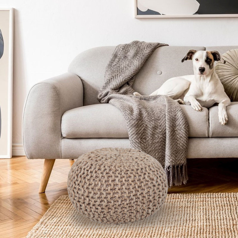 Wolle Upholstered Pouf, Beige Wool