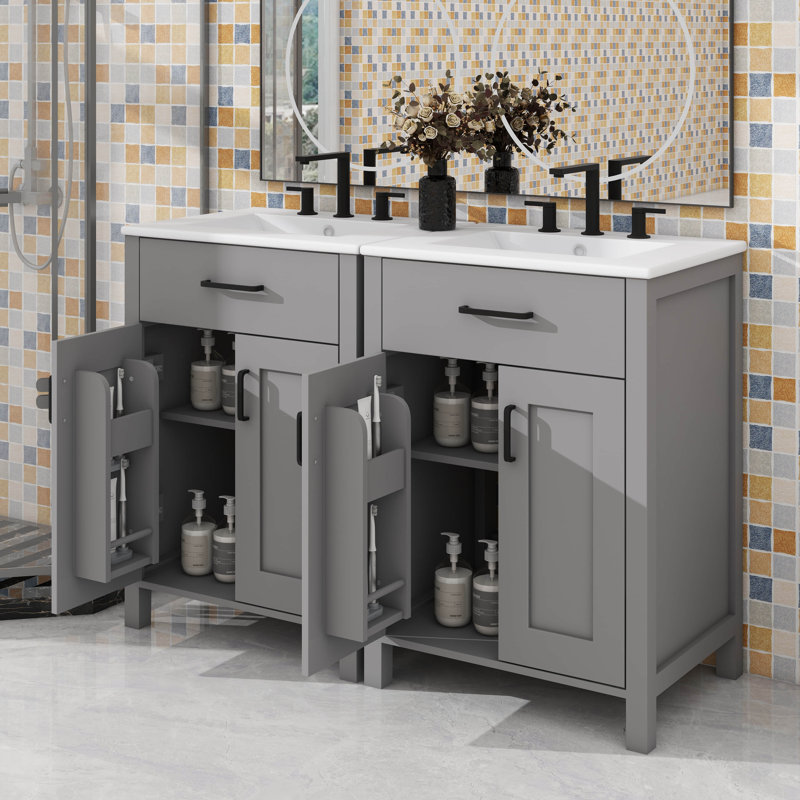 Meuble-lavabo double 48 po, armoire de salle de bain avec tiroirs basculants, 2 supports de rangement et 2 armoires, 2 meubles-lavabos séparés avec lavabos en céramique