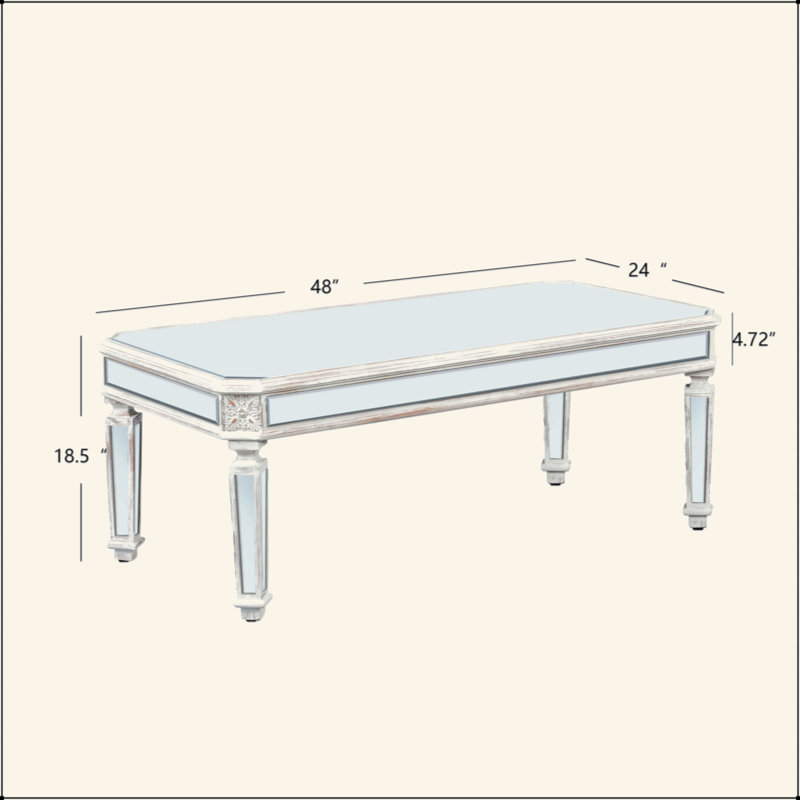 Table basse argentée avec miroir, éléments sculptés rétro, table basse rectangulaire en verre avec finition miroir, table centrale moderne pour le salon et le bureau (P 24 po x l 48 po x H 18 po)