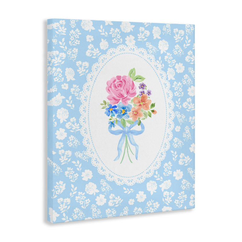 Toile bleue avec bouquet féminin, design par Corinne Haig, H 30 po x l 24 po