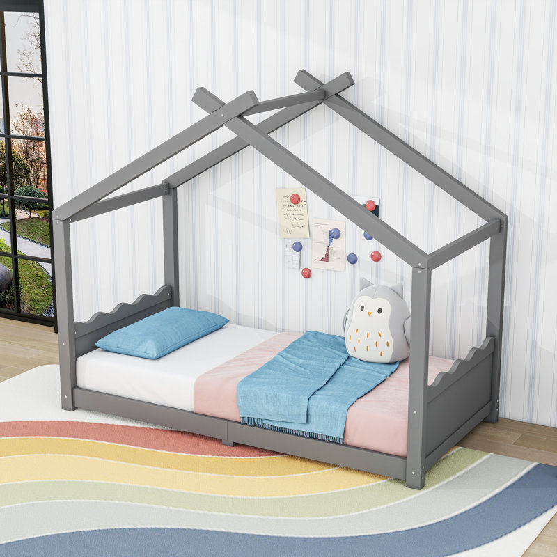 Wood Floor Bed With Slats, Gray, Twin