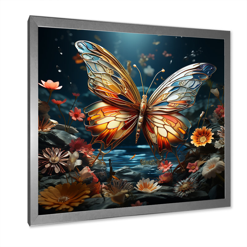 Envol de papillon sur toile, Cadre simple argenté, H 24 po x l 24 po x P 1 po