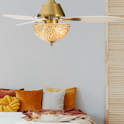 42"W Pierre LED Indoor Gold And White Mosaic Glass Ceiling Fan With Remote Control