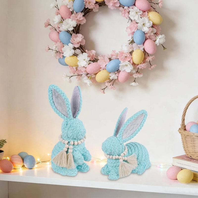 Ensemble de 2 figurines de lapin de Pâques tissées, décor de Pâques rustique pour centre de table, Bleu
