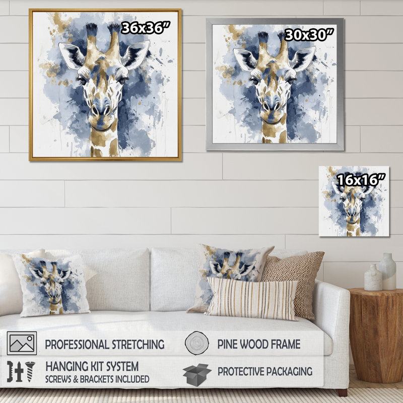 «Blue and Gold Giraffe Portrait I - Girafe», art mural, Reproduction encadrée, H 30 po x l 30 po, Noir