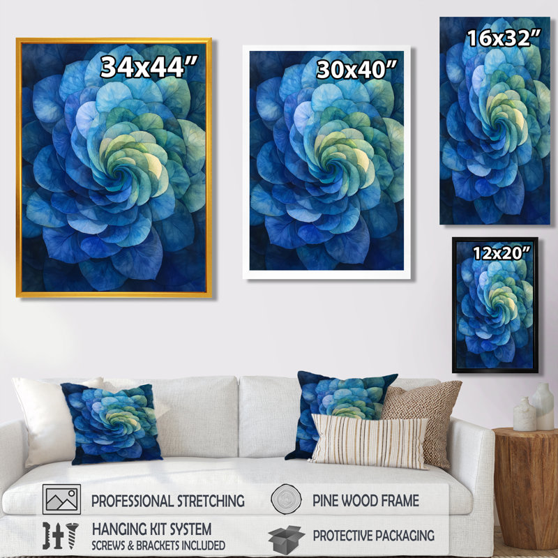 Impression sur toile bleu et vert, hortensia Vortex I, Reproduction avec cadre flottant, H 20 po x l 12 po, Blanc
