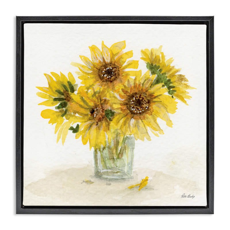 "Sunflower Jar", aquarelle encadrée par Patti Bishop, Cadre flottant noir de jais, H 25 po x l 25 po