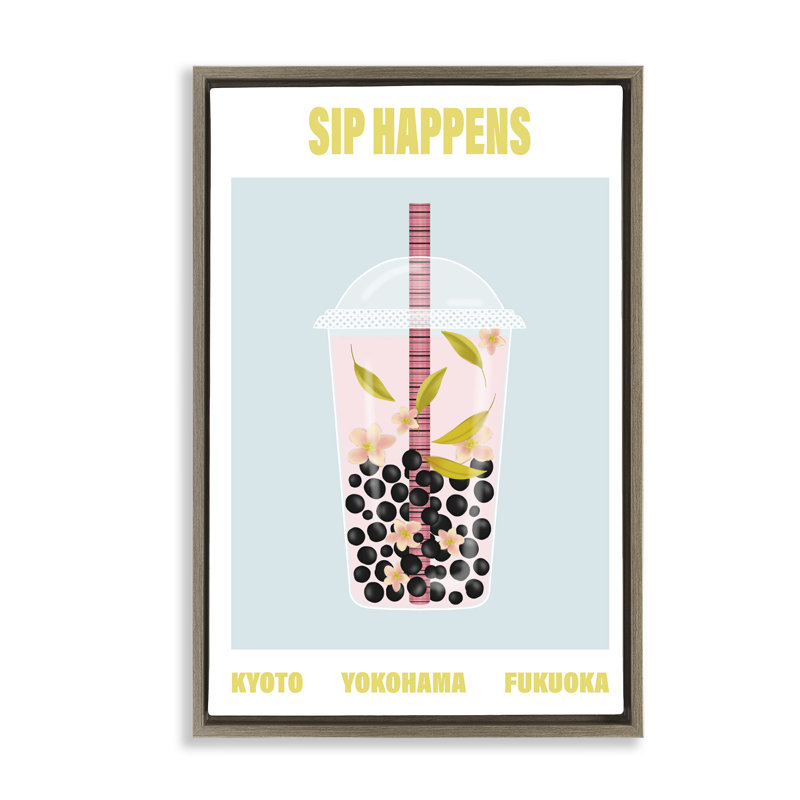 Cadre flottant Sip Happens Boba Tea, design par A Barefoot Stylist, H 31 po x l 21 po, Cadre flottant orme Montalcino