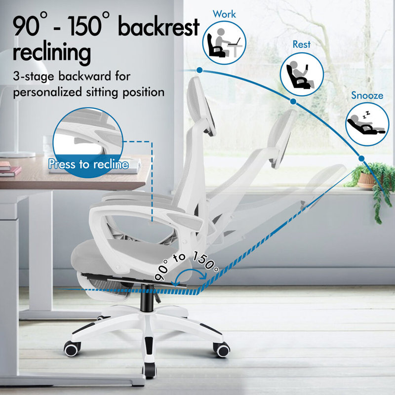 Office Chair with Headrest, Grey, White