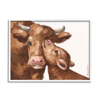 " Compassionate Cattle Mother & Baby Cuddle Rural Farmland " by George Dyachenko Painting Print