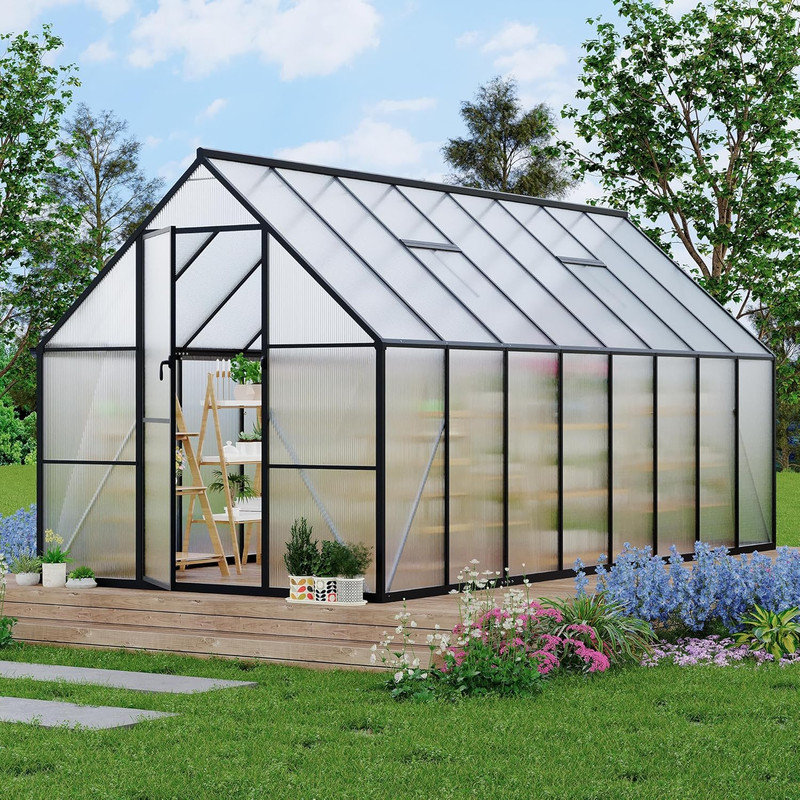 Aluminum-Framed Polycarbonate Greenhouse with Roof Vent, Heavy Duty Quick Setup Outdoor Garden Greenhouse Kit, Black 2