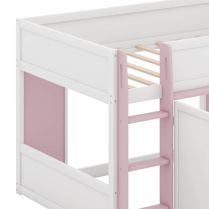 Lit mezzanine double avec maisonnette et rangement, Blanc / rose