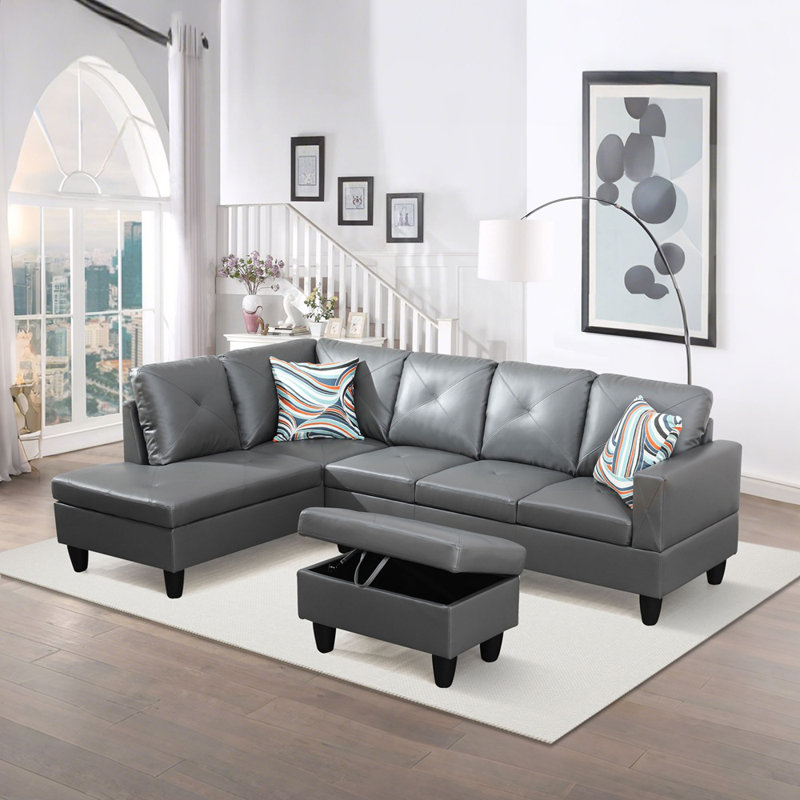 Ronan Faux Leather L-Shaped Sectional Sofa With Chaise And Storage Ottoman, Left Hand Facing, Tan