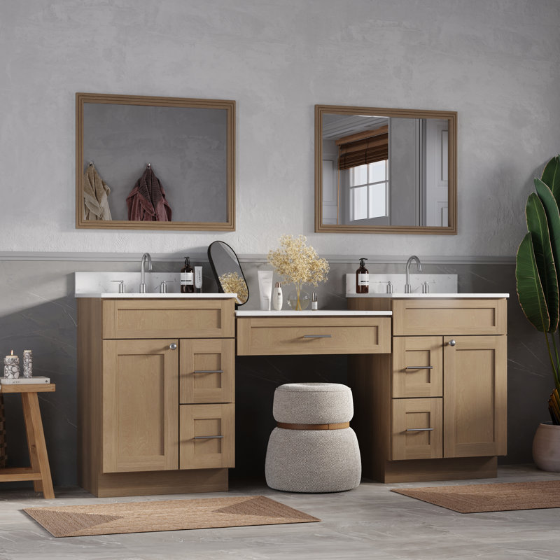 78'' Double Bathroom Vanity With Carrara Quartz Top, Natural Oak