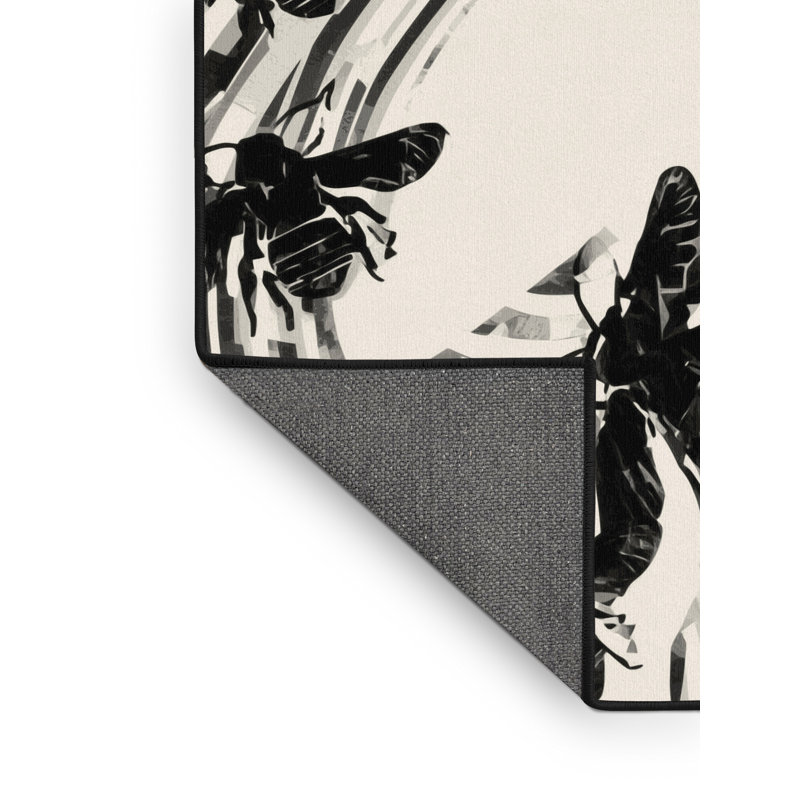 Tapis beige moelleux moelleux moelleux moderne à motif abeille - noir, 7 x 9
