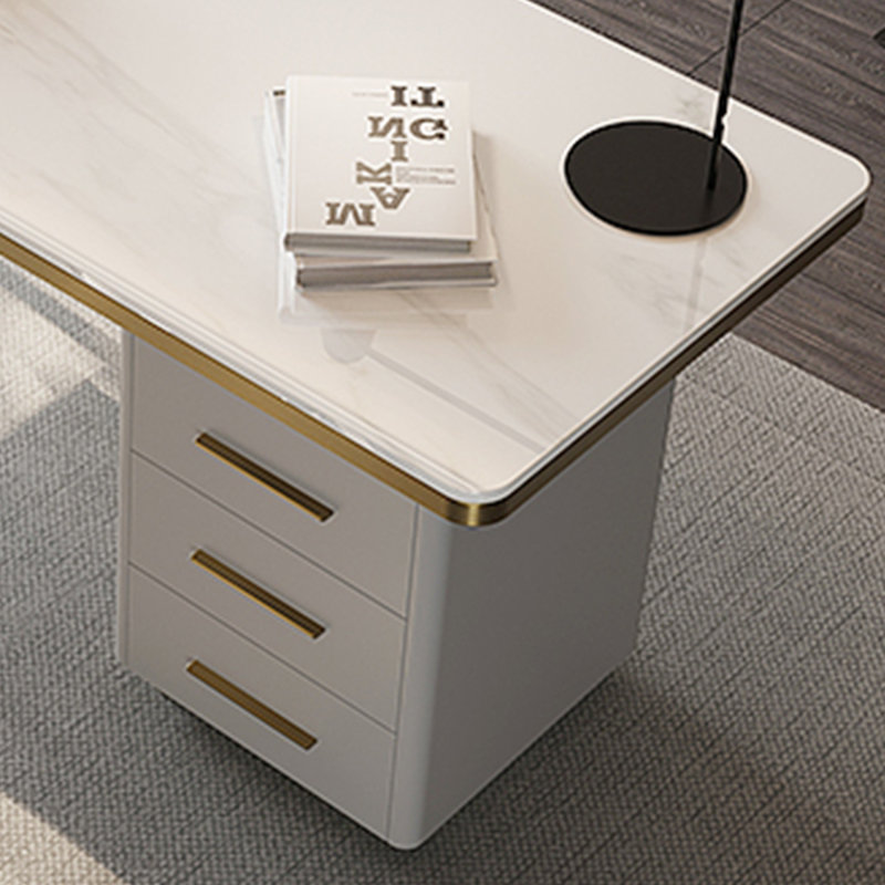 Bureau en granit avec tiroir de rangement simple, H 28,74 po x l 70,87 po x P 27,56 po, Or / Gris