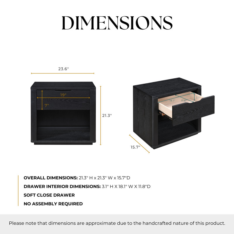 Venice Modern Nightstand With Soft Close Drawer, Black