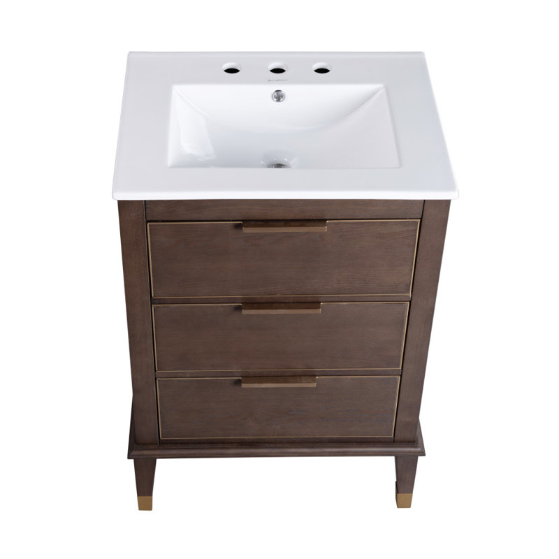Meuble-lavabo 24 po Hugo en noyer, Blanc lustré, Ensemble central de 4 po
