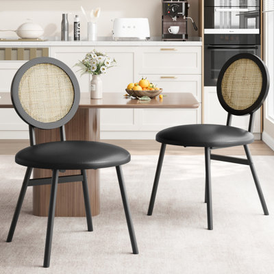 Rattan Dining Chairs with PU Leather Seat | Mid-Century Cesca Chairs, Handwoven Cane Back & Metal Frame, 275lb Capacity for Kitchen/Dining Room