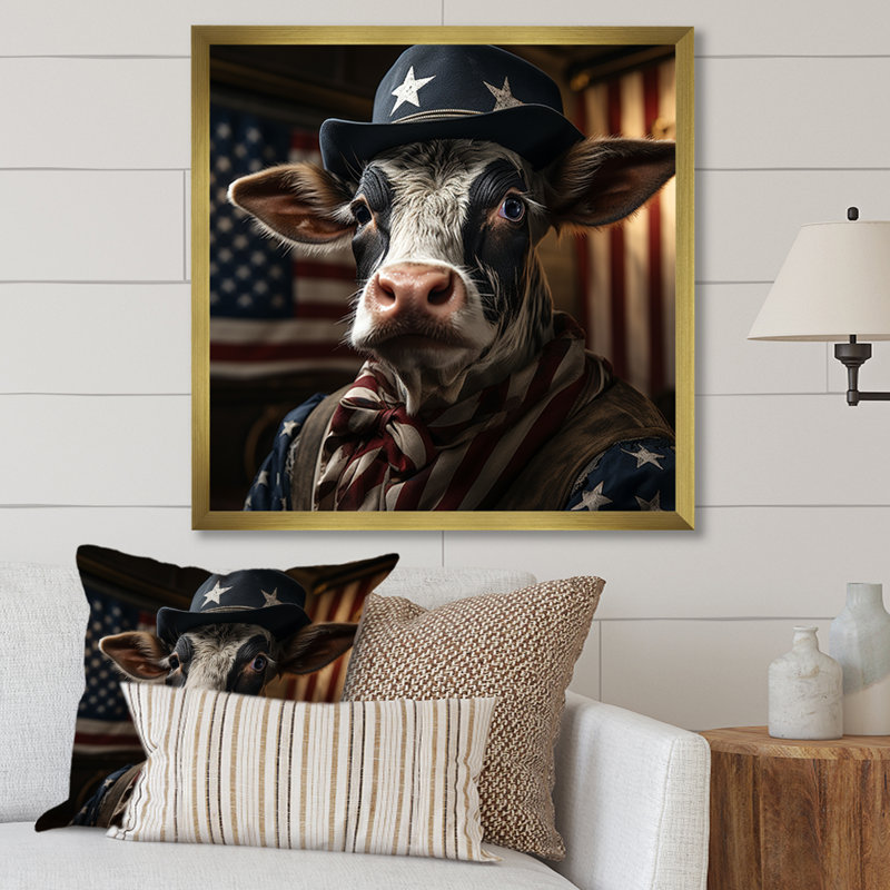 Patriotic Cow USA Portrait - vache, art mural animal, Cadre doré simple, H 16 po x l 16 po x P 1 po