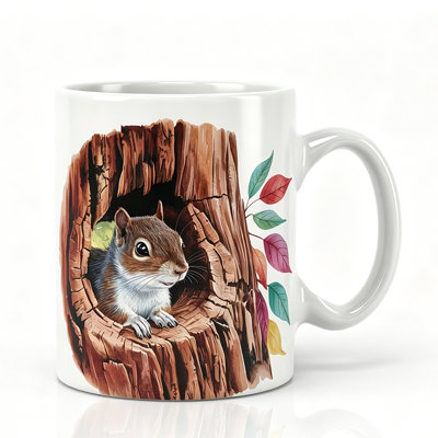 Ceramic Mug with Tree Stump Squirrel Design- Perfect for Nature Enthusiasts or as a Fun Gift for Friends and Family.