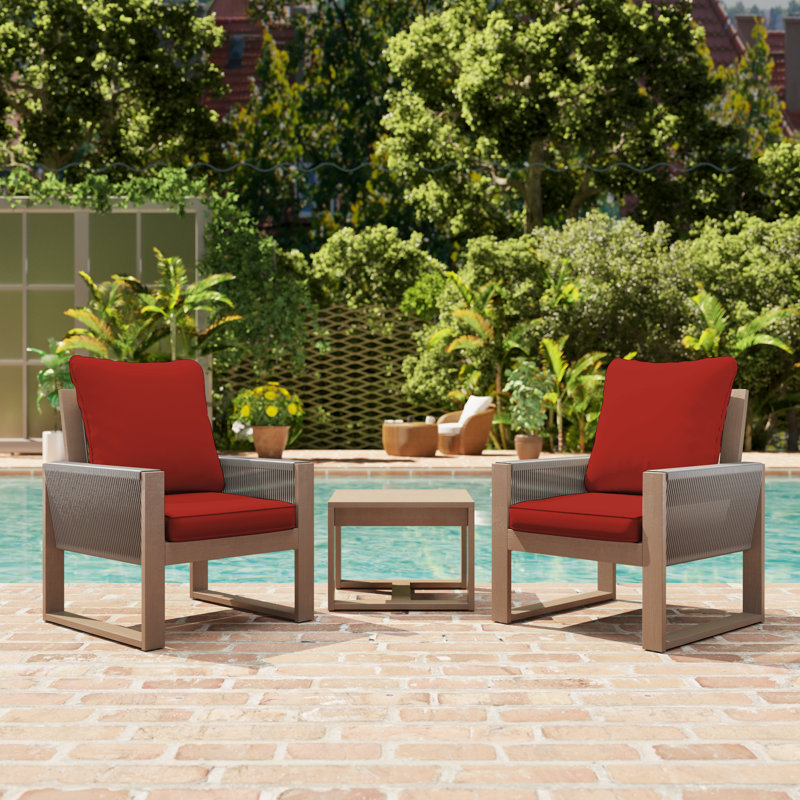 Ensemble de 3 chaises d'extérieur en bois 3 pièces avec coussins - 2 chaises de patio confortables et table d'appoint, Rouge