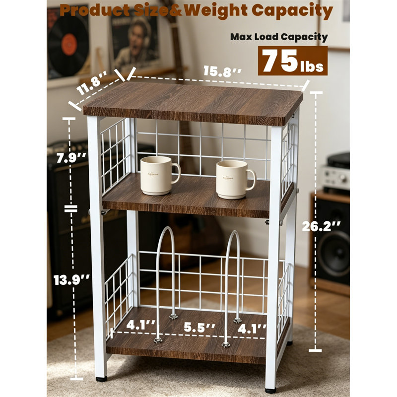 3 Tier End Table with Wire Mesh Record Storage, Turntable Stand Holds 100 Albums, White