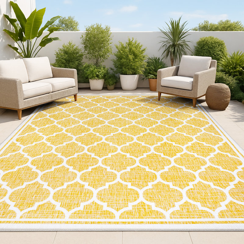 Tapis d'intérieur / extérieur jaune / crème Trebol, Rectangle 9 pi x 12 pi