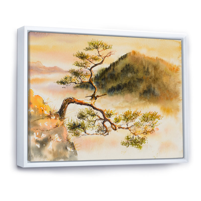 Pin sur un sommet de montagne - Peinture sur toile, H 16 po x l 32 po, Cadre flottant blanc
